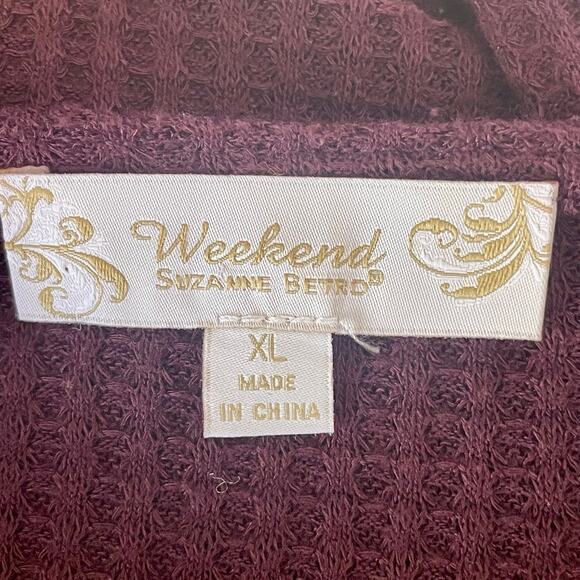 Weekend Suzanne Betro Mixed Media Waffle Weave Chiffon Top Sz XL Burgundy Floral - Picture 6 of 6